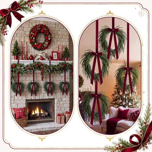 Dingion 8 Pack Mini Christmas Wreaths for Cabinets with Red Berries & Velvet Bow