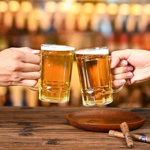 Set of 2 Glass Beer Mugs, 11oz Clear Beer Steins with Handles