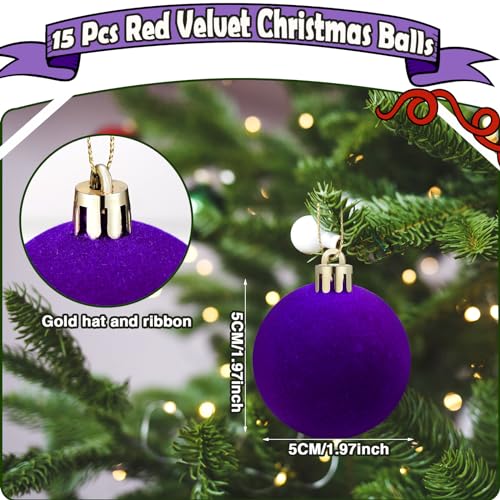 Menkxi 15 Pcs Purple Velvet Christmas Tree Ornaments Set 1.97'' Flocking Ball Decorations
