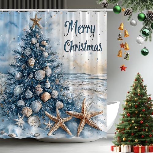 FAXTOZ Christmas Shower Curtain 70x70 Inches Coastal Watercolor Tree Shells Starfish