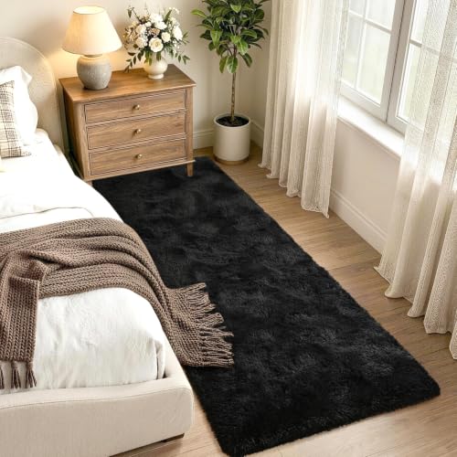 2x6 Black Fluffy Runner Rug, Soft Non-Slip Shag Carpet for Hallway Bedroom