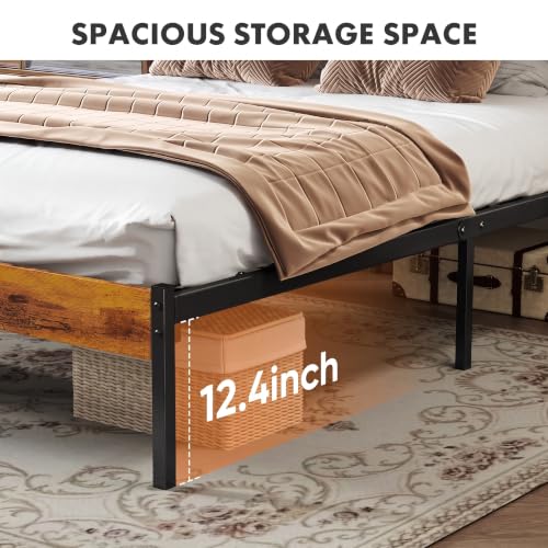 Full Size Metal Bed Frame with Rustic Headboard and Under Bed Storage