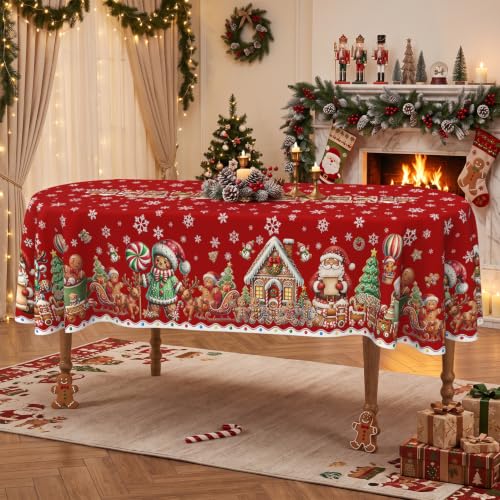 Christmas Gingerbread Red Oval Tablecloth 60 x 120 Inches Waterproof & Machine Washable - Holiday Dining Decor