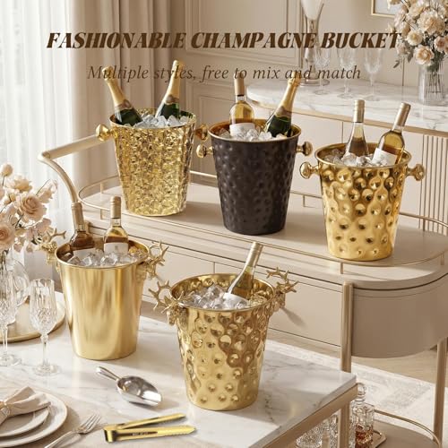 TOSELBAI Champagne & Ice Bucket Set with Stand - Large 5L Gold Stainless Steel, Includes Tongs & Scoop (2 Pack)