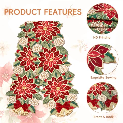 Ritgssi Christmas Tree Table Runner 14x72 in Red Floral Embroidery