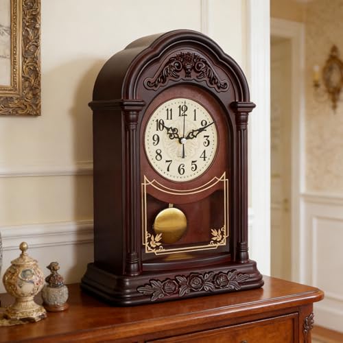 Retro Mantel Clock with Swinging Pendulum, 13-Inch Silent Shelf Clock