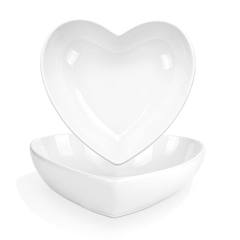 WHJY Set of 2 Porcelain Heart Shaped Bowls, 7 inches White Ceramic Dish Set for Valentines Day, Salad, Fruit, Cereal and Appetizer
