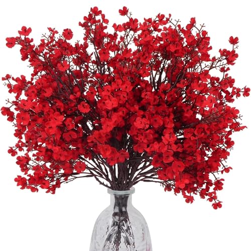 NAHUAA 6Pcs Red Artificial Baby Breath Flowers Bouquet for Home Decor