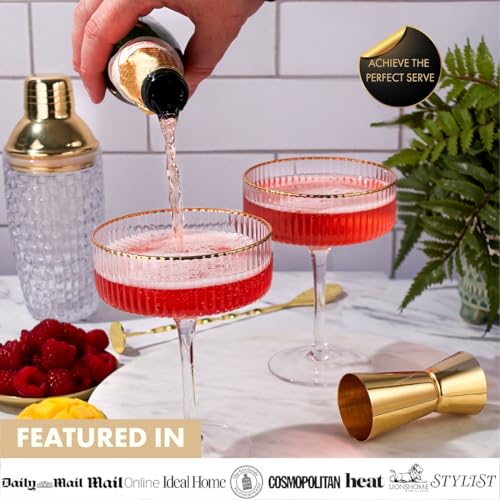 VEMACITY Set of 4 10oz Ribbed Espresso Martini Glasses with Gold Rims | Vintage Cocktail Coupe Glassware for Margaritas & More