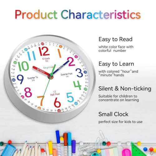 Kids Learning Wall Clock - 8 Inch Silent Non-Ticking Analog Teaching Clock