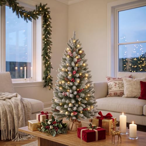 4ft Pre-Lit Snow Flocked Christmas Tree with Berries & Pinecones - Warm LED Lights Timer