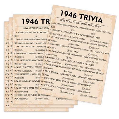 80th Birthday Trivia Game Cards, 1946 Party Activity, 30 Pack