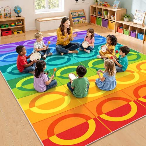 Classroom Rug with 15 Rainbow Circles, 5x7.6 Foot Non-Slip Educational Carpet