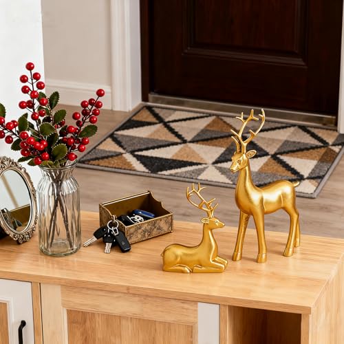 2-Piece Gold Reindeer Statue Set - Modern Resin Elk Holiday Home Decor