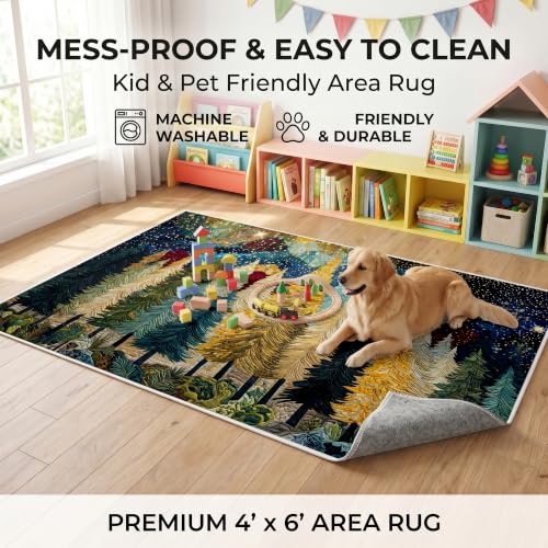 YunTu Christmas Tree Large Area Rug - 4x6ft Flat Print Holiday Living Room Mat