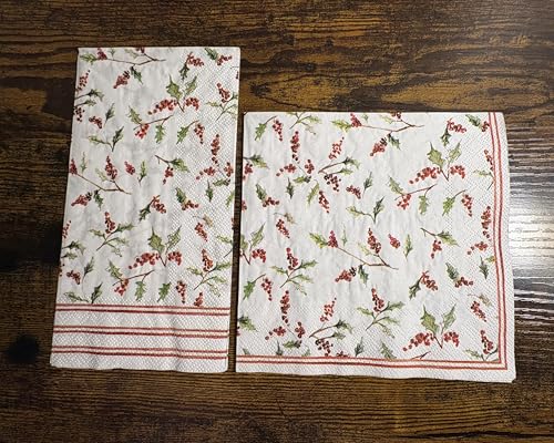 Christmas Ilex Berries Disposable 3-Ply Paper Napkins 8.5 x 4.5 inches - 16 Count