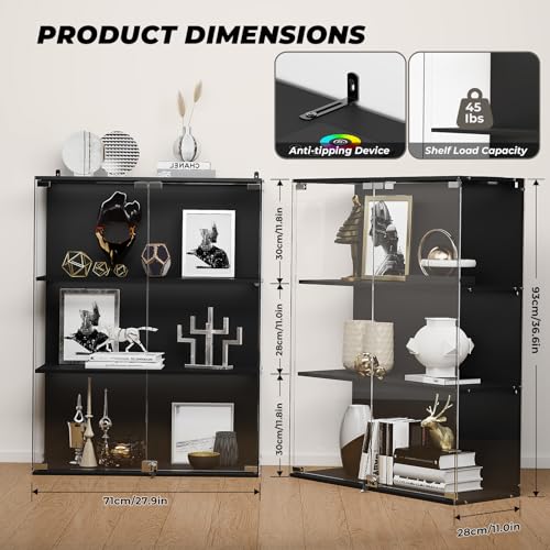 3-Tier Glass Display Cabinet with RGB LED Lights, Lock, and USB Charging