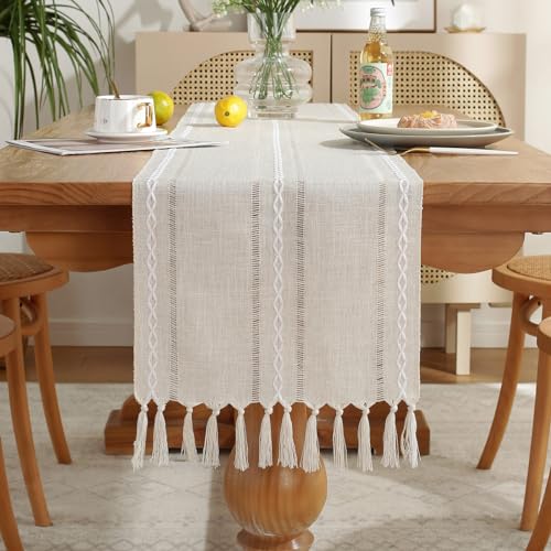Ivory Rustic Boho Table Runner 13x108 in, Handmade Braided Ivory Tassels, Farmhouse