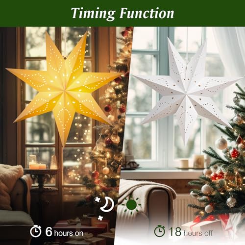 Lewondr 7-Pointed Star Christmas Paper Lantern 3 Pack with C-Warm Light