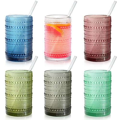 15 oz Hobnail Drinking Glasses with Straws, Set of 6 Vintage Glassware