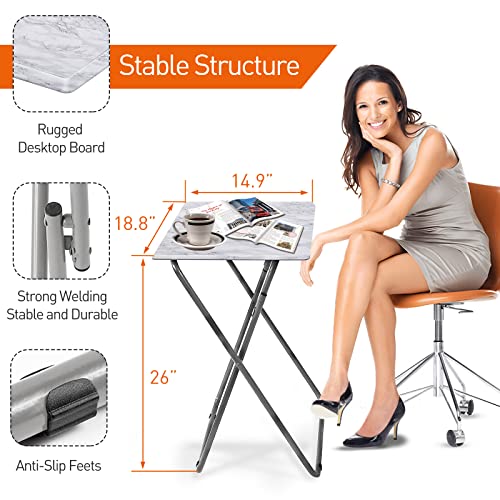 Folding TV Tray Table, Portable Snack Table with X-Leg Base, White Marble