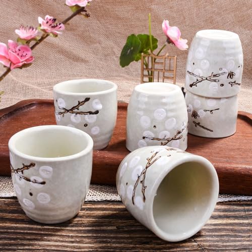 Whitenesser Japanese Ceramic Sake Cup Set of 6 - White Vintage Plum Tea Cups 1.81"