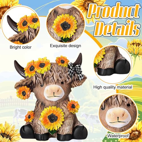 Highland Cow Figurines Set, Sunflower Resin Statue for Farmhouse Decor