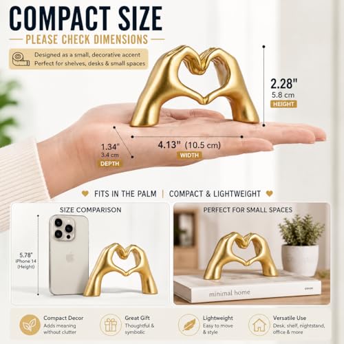 Gold Heart Hands Sculpture – Modern Aesthetic Tabletop Decor for Shelves