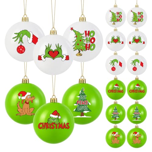 12-Pack White & Green Christmas Ornaments 2.36in - Pre-Assembled Plastic Balls