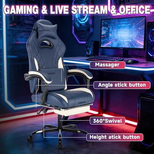 Ergonomic Gaming Chair with Footrest and Massage Lumbar Support - Blue