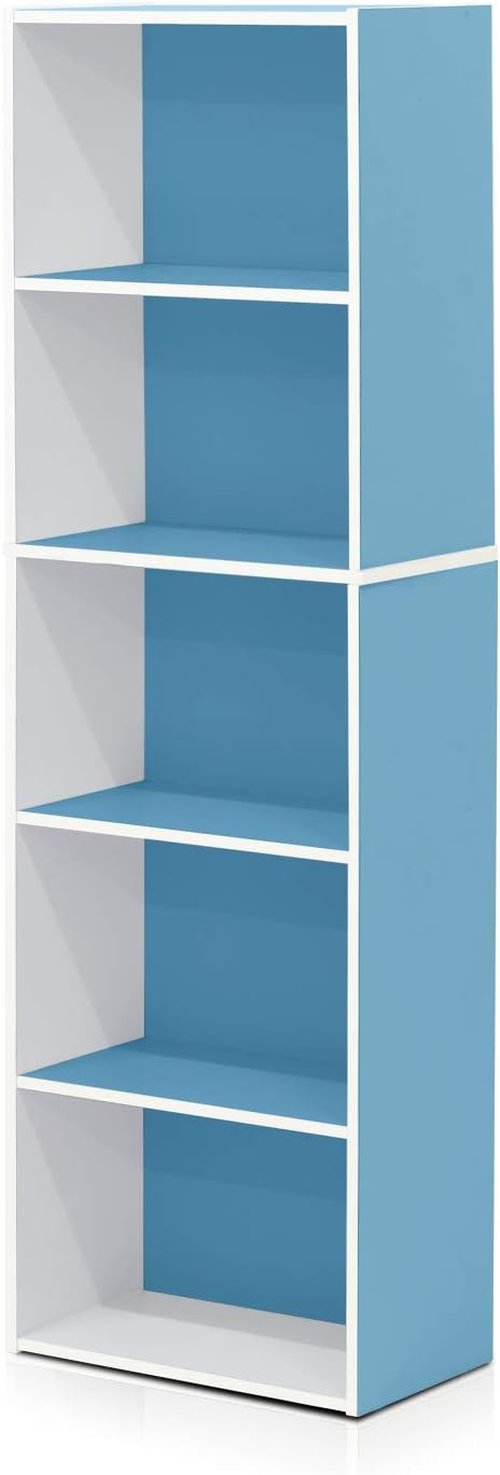Furinno LUDER 5-Tier Bookshelf - Open Shelf Bookcase for Easy Assembly | White/Light Blue, 9.4 x 15.8 x 52