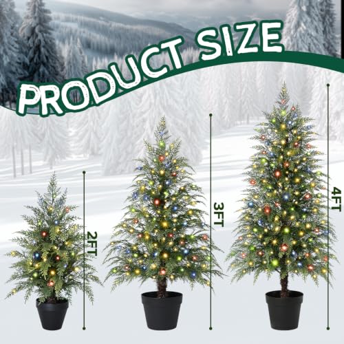 Waipfaru 3-5 ft Pre-Lit Cedar Christmas Tree Set of 3 - Realistic Mini Artificial Trees with 9 Light Modes