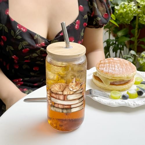 Niyorayna 16oz Glass Drinking Cup with Lid & Straw - Cute Cat Bookish Gift for Women, Mom, Sister, Book Lovers