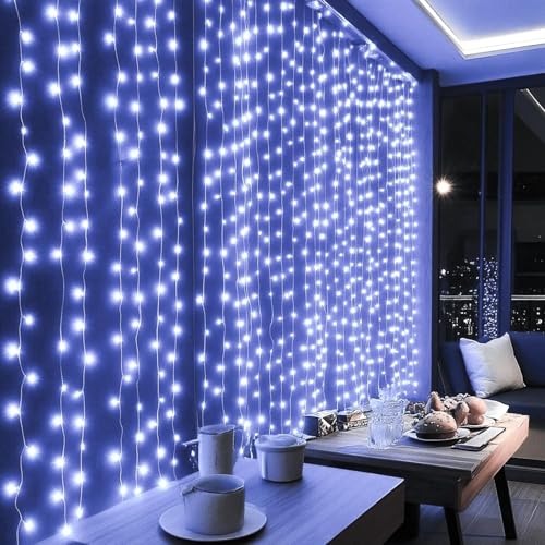 Dazzle Bright 300 LED Curtain String Lights White, 8 Modes, Connectable IP44