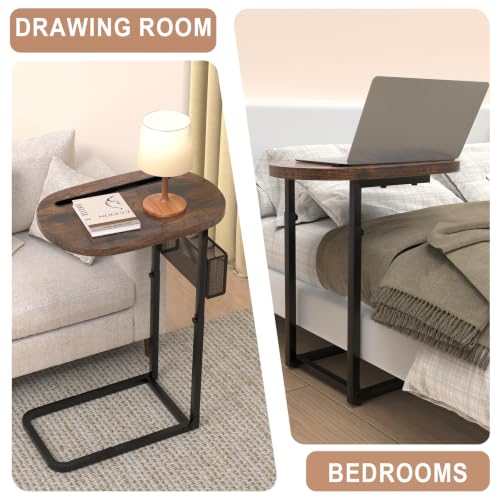 Adjustable C-Shaped Sofa Side Table with Storage Basket, Brown