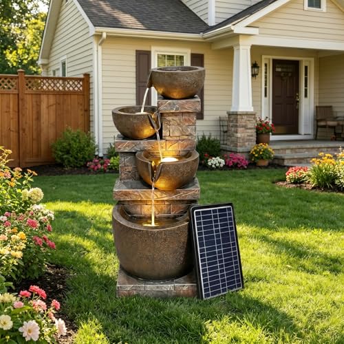 Solar Garden Water Fountain 4-Tier Resin Outdoor Waterfall with LED Lights