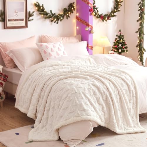 Remagr 3D Christmas Tree Sherpa Throw Blanket 50x60 Inches, Cream White, Xmas Tree Design