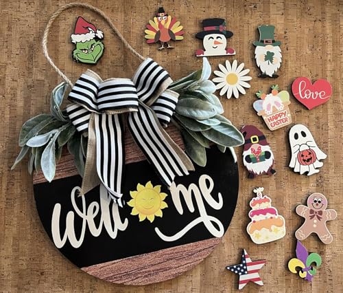 Interchangeable Welcome Sign for Front Door, 12-Inch Rustic Wood Wreath