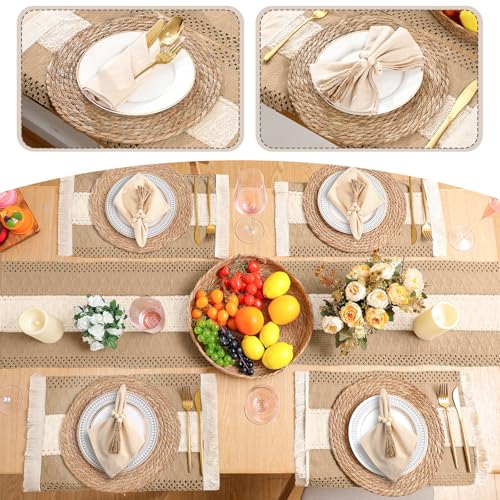 6-Piece Neutral Boho Table Runner & Woven Round Placemats Set 12x72"
