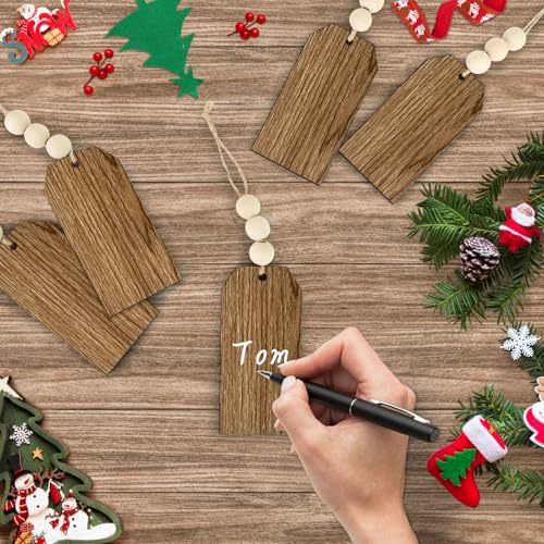 LIKAJON 12Pcs Christmas Stocking Name Tags - Wood Grain Unfinished DIY Gift Tags