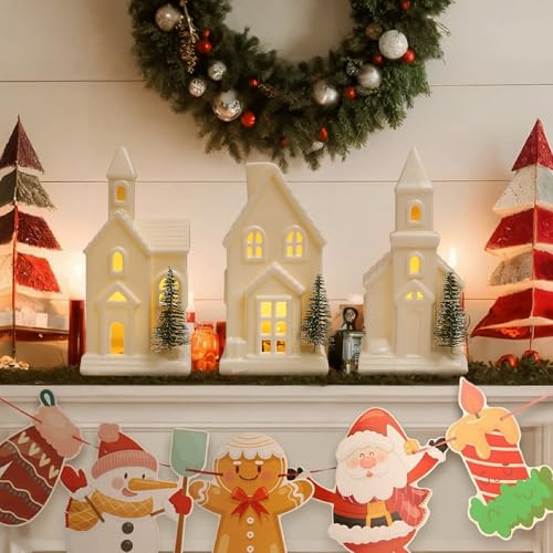 Light-Up White Ceramic Christmas Village Set with LED Trees & Timer