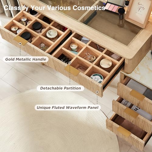 Fluted Makeup Vanity Desk with 36" Lighted Mirror and 5 Drawers, Oak