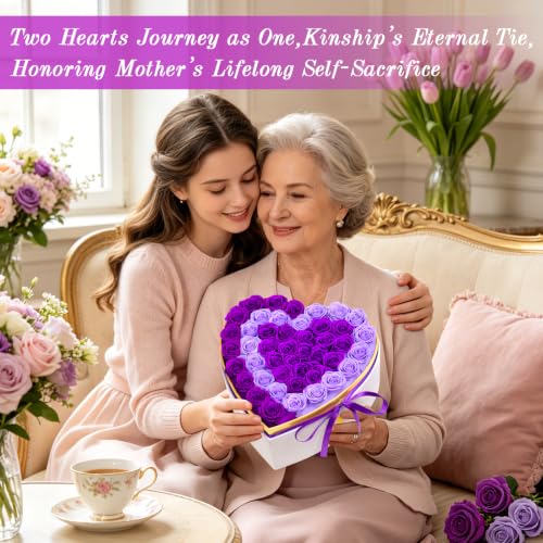 Eluvian Forever Flowers Purple Roses Two Heart-Shaped Box Gift for Women - Anniversary, Valentine's, Wedding