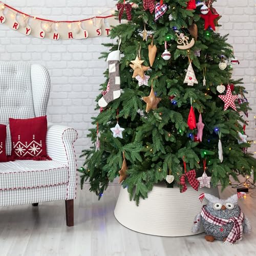 28-Inch White Christmas Tree Collar - Woven Cotton Rope Base Cover for 6-7.5 ft Trees