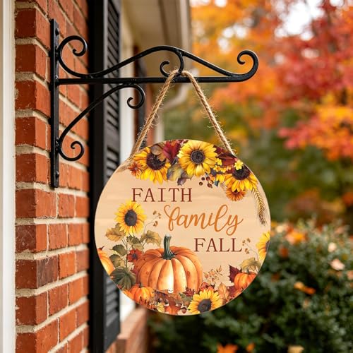 Faith Family Fall Wood Door Sign, 12-Inch Round Pumpkin Sunflower Wall Decor