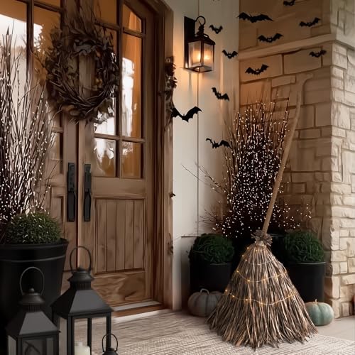 5.5 Ft Light-Up Witches Broom Rustic Halloween Decor with LED Lights