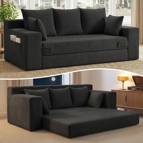 70-Inch 3-in-1 Convertible Sofa Bed, Corduroy Sleeper Couch with 5 Pillows