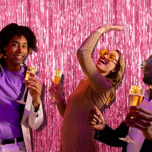 BOMSI 2 Pack Pink Foil Fringe Curtain Tinsel Backdrop for Party Decorations