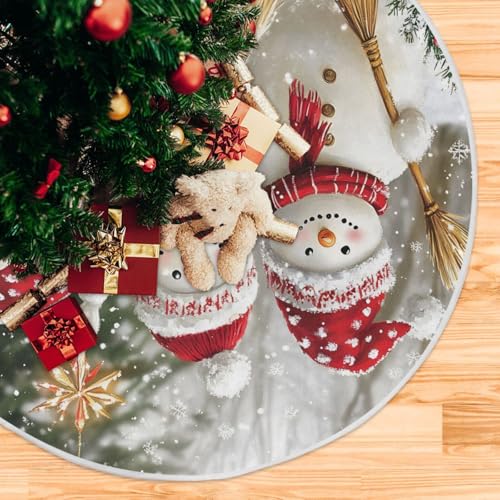 Family Snowmen Burlap Christmas Tree Skirt - Holiday Tree Mat Cover