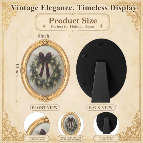 2 Pcs Vintage Gold Framed Wall Art 8x10 Oval Bow & Wreath Set (Pinkunn) - Pre Framed Canvas
